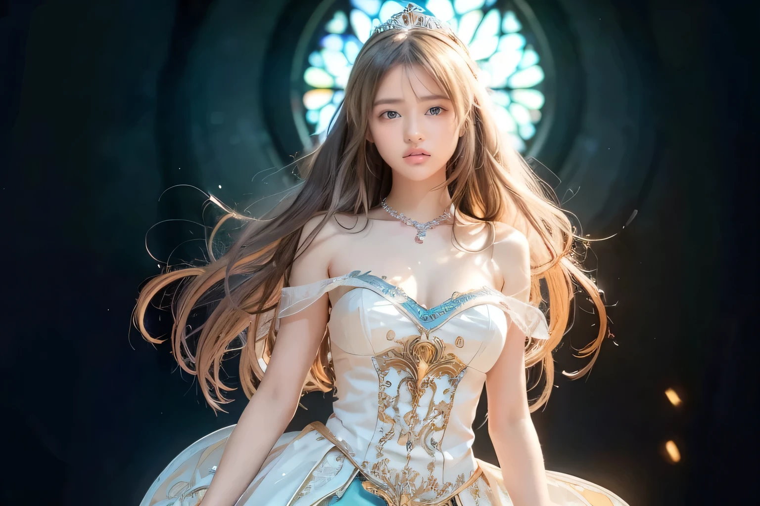 1 girl, masterpiece, highly detailed, ((cinematic lighting)), (glow), ((dramatic lighting)), ((beautiful delicate glow)), intricate details, lens flare, blonde, long hair, colorful dress, gorgeous tiara and other hair accessories, (light particles), royalty, majestic, large breasts, [shooting], cowboy shot, bright smile, green eyes, church, stained glass, spotlight, dark background, floating hair, floating hair, looking at the viewer, ((colorful))