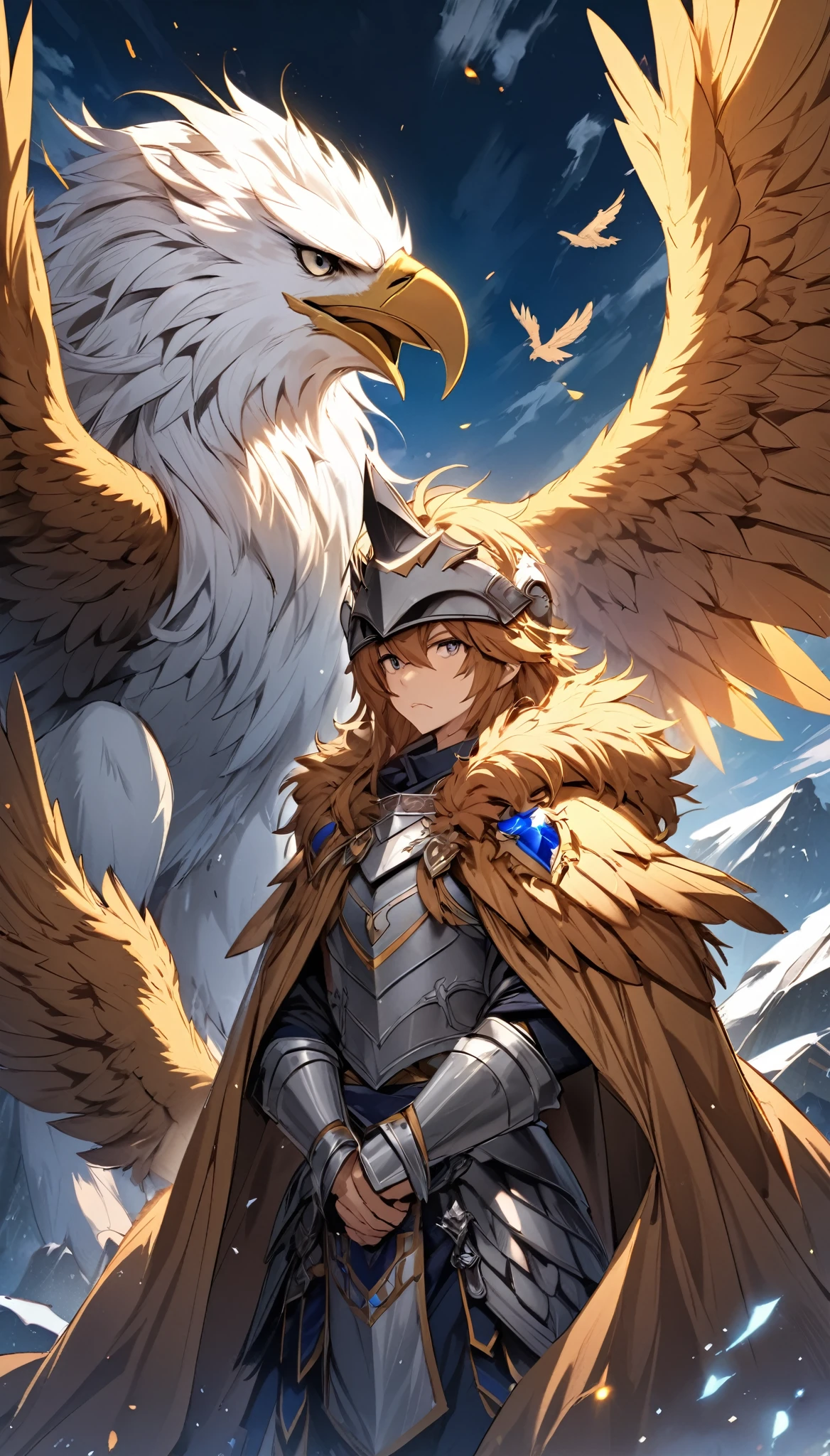 Fantastic mythical fantasy, Holy Knight, Eagle-head helmet, Lion mane decoration, A cloak woven from lion fur, Eagle wings growing from his body, An absurd mistake, Griffon&#39;s Protection, BREAK Create a character that is an aesthetic fusion with Griffin, Granting Divine Charm, Transparency that maintains originality, Dynamic combat motions, 