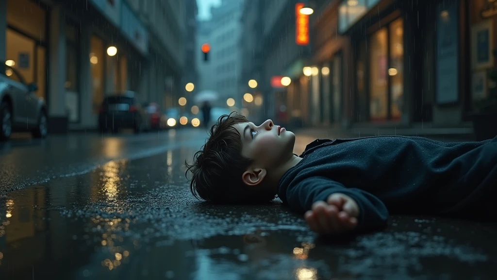 In the image, a boy is lying on his back in a wet street at night. He is dressed in dark clothing and appears to be looking up with a contemplative expression. The street is slippery from the recent rain, reflecting the glare from nearby lights. Buildings line one side of the street, their windows illuminated by interior lights. A few cars are parked along the curb and there is a lone figure walking in the distance under an umbrella. The overall mood of the image is moody and introspective.
