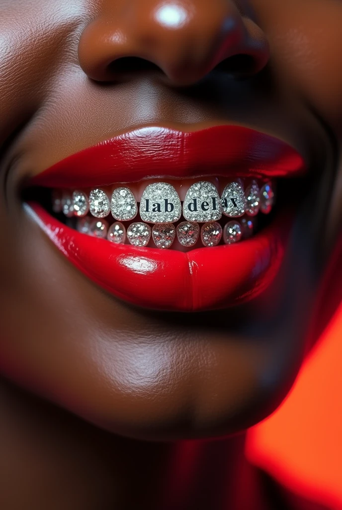 A MOUTH WITH RED LIPSTICK OF A BLACK WOMAN WITH A SMILE AND ON HER TEETH Adorned WITH GRILLZ THE WORD WRITTEN "LAB DELAXX"
