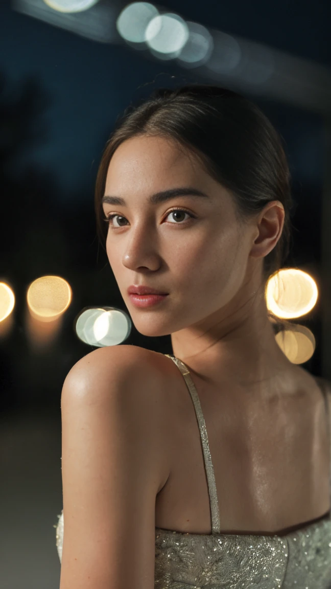 Outdoor, ((night)), ((Full Shot)), 85mm, alone, a girl traveling wonderland, 1 girl, (( girl, Beautiful Face, Slender body, Sexy Dress)), Actual skin type, Realistic, Realistic facial skin,((Highest quality:1.4)), Highly detailed 3D rendering of facial skin, Natural skin texture, Detailed skin, Detailed skin pores & Face Texture, pores, ((It gives me goosebumps:1.2)), . Focus on the face, CinemaScope, highlight, Depth of written boundary, 超High resolution, masterpiece, Super Detail, Textured skin, 8k, Highest quality, High resolution, ((Realistic:1.3)), Sharp focus, RAW Photos, Ultra-realistic, ((Hyperrealism:1.3)), Ray Tracing, Insane Details, High resolution, Professional Lighting, Film Grain, granular