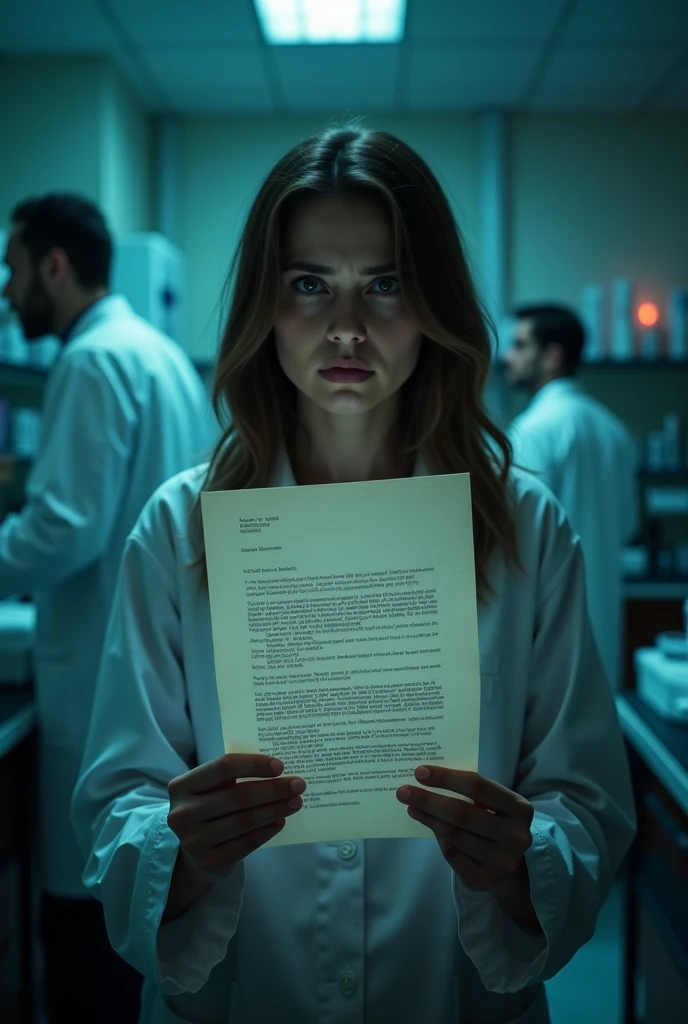 Generates a scientific, that is A little realistic, In a clue type letter, Let the background be Mysterious in a laboratory,That the scientist is as worried, that focuses on just her, Let it be pretty and let the face be seen and be straight, more mysterious and dark
