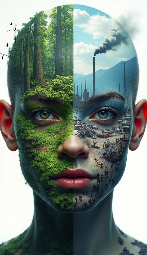 draw me a poster, (portrait) Left side of the face is a healthy environment with beutifull landscape and forest and mountains with beutifull scenery in the background. and the right side of the face is the opposite of it bad environment that has been developed by humans, manifacture(factories),Commercial buildings,trash, vehicles with smoke and waste. outside the face, is the same, left side has beutifull forest and mountains with animals, And the right side has factories, overpopulated areas, trash, vehicles ,buildings , and other polutions
