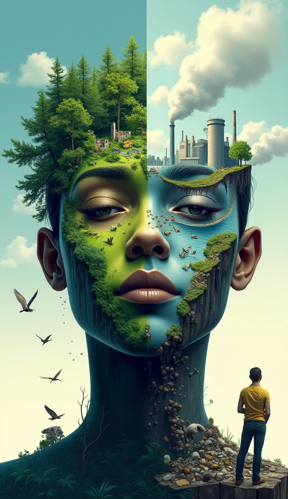 draw me a poster, (portrait) Left side of the face is a healthy environment with beutifull landscape and forest and mountains with beutifull scenery in the background. and the right side of the face is the opposite of it bad environment that has been developed by humans, manifacture(factories),Commercial buildings,trash, vehicles with smoke and waste. outside the face, is the same, left side has beutifull forest and mountains with animals, And the right side has factories, overpopulated areas, trash, vehicles ,buildings , and other polutions