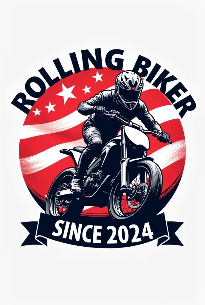 Logo circular, the background with red and white colors in the shape of a flag, In the center a sports biker and at the top say ROLLING BIKER and at the bottom say since 2024