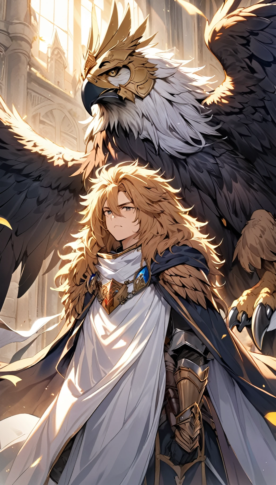 Fantastic mythical fantasy, Holy Knight, Eagle-head helmet, Lion mane decoration, A cloak woven from lion fur, Eagle wings growing from his body, An absurd mistake, Griffon&#39;s Protection, BREAK Create a character that is an aesthetic fusion with Griffin, Granting Divine Charm, Transparency that maintains originality, Dynamic combat motions, 