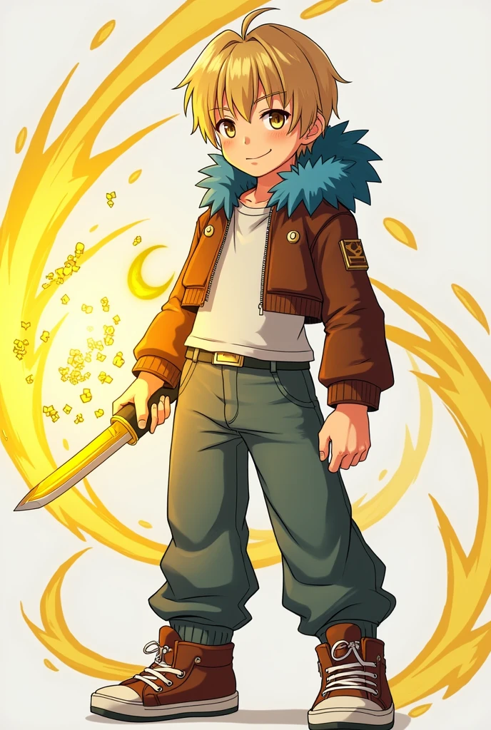 short hair, blond hair, Love, necessary, The best quality, anime, masculine, adolescent, straight hair, smile, presumed, simple background, Brown cropped leather jacket with blue polar fur on the hood, baggy jeans, brown sneakers, Yellow energy knife in one of his hands, yellow energy particles around one of his hands, anatomically correct, anime