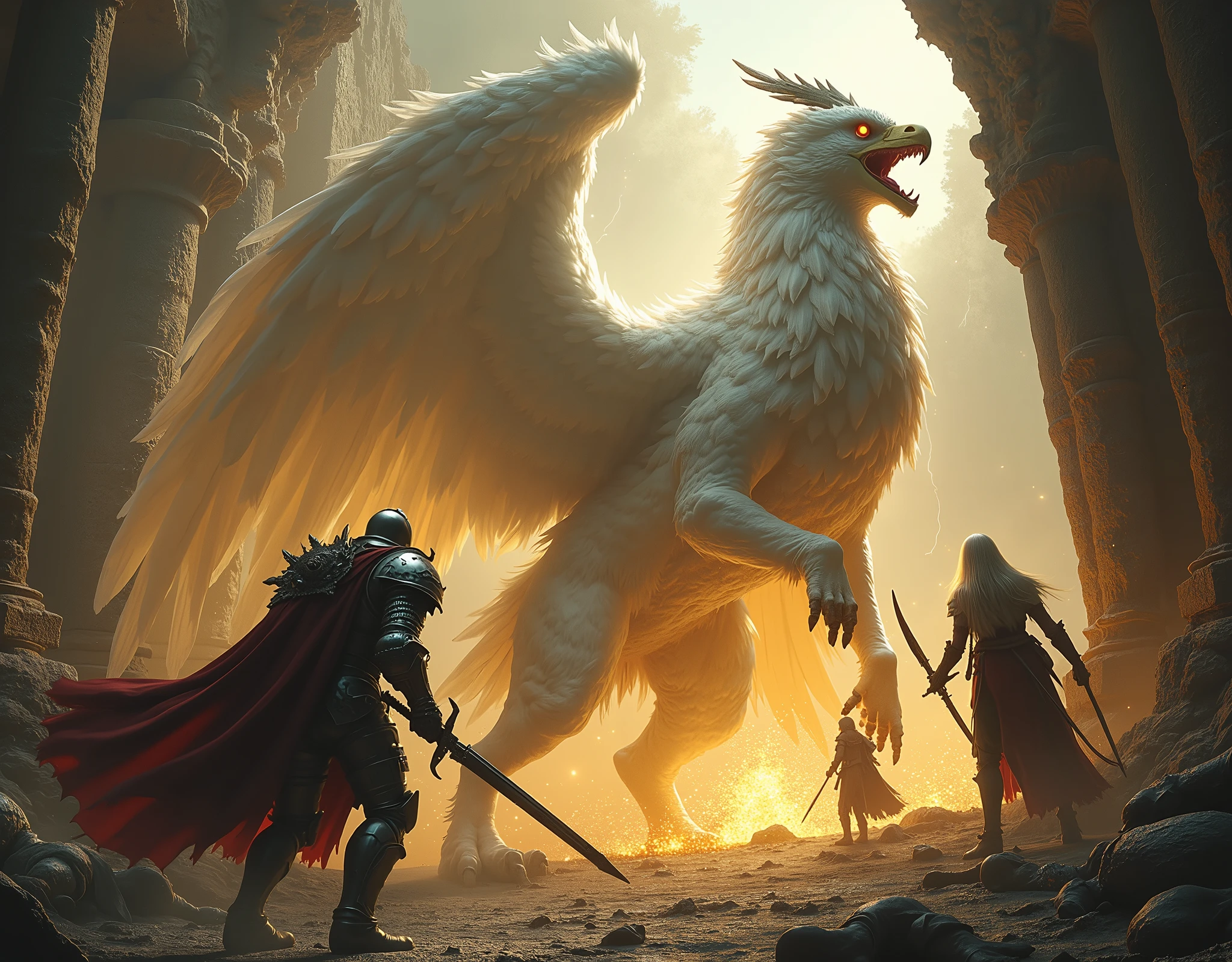 1gryphon\(white, eagle wings and head ,lion body, very bloody, scars , angry, attacking the team in very dynamic pose,very violent\) is guarding his beautiful golden treasures behind him in a beautiful chalk ruin, 1team\(a strong knight in full plate armor holding a sword, a beautiful elf archer , a beautiful wizard lady holding magic wand\) are against the gryphon in fighting stance, the gryphon is attacking the team with thunderstorm, old corpses slaughtered by the gryphon is in front Three-dimensionally, very powerful and realistic game screen shots, massive illustration, wonderful artwork of famous wonderful painter, baroque paintings,dynamic camera angle, concentration line,A very massive painting, camera from above,screenshot of action movie