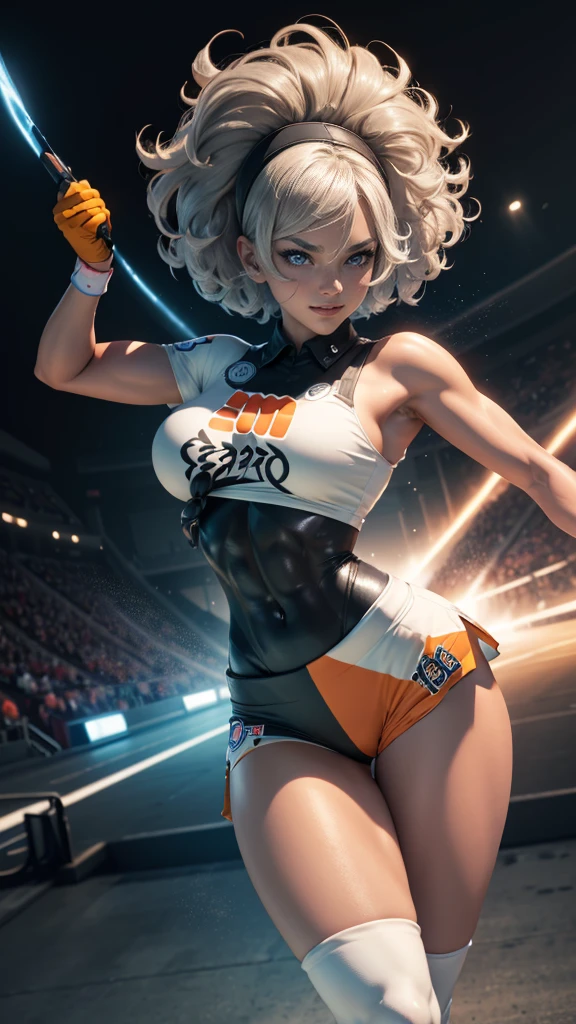 Bea da pokemon,(best qualityer,4K,8k,high resolution,work of art:1.2)(weather: windy), sport stadium background, short curly hair, cropped shirt, micro shorts, thigh high stockings, headband, gloves, leotard, ultra detailed,realisitic,beautiful detailed blue eyes,beautiful detailed lips,extremely detailed eye and face, long eyelashes,sexly,average,large breasts,flying hair,beaming smile,powerful girl in a combat, high kick, bright coloured, dramatic lighting,