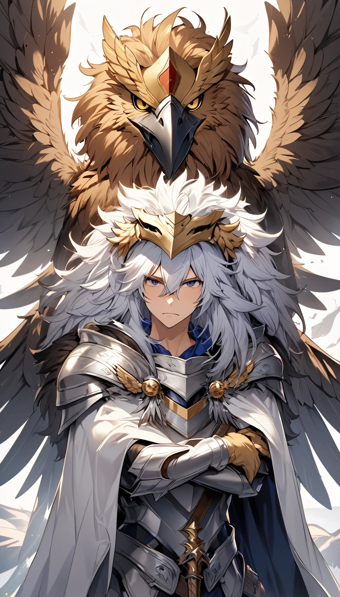 Fantastic mythical fantasy, Holy Knight, Eagle-head helmet, Lion mane decoration, A cloak woven from lion fur, Eagle wings growing from his body, An absurd mistake, Griffon&#39;s Protection, BREAK Create a character that is an aesthetic fusion with Griffin, Granting Divine Charm, Transparency that maintains originality, Dynamic combat motions, 