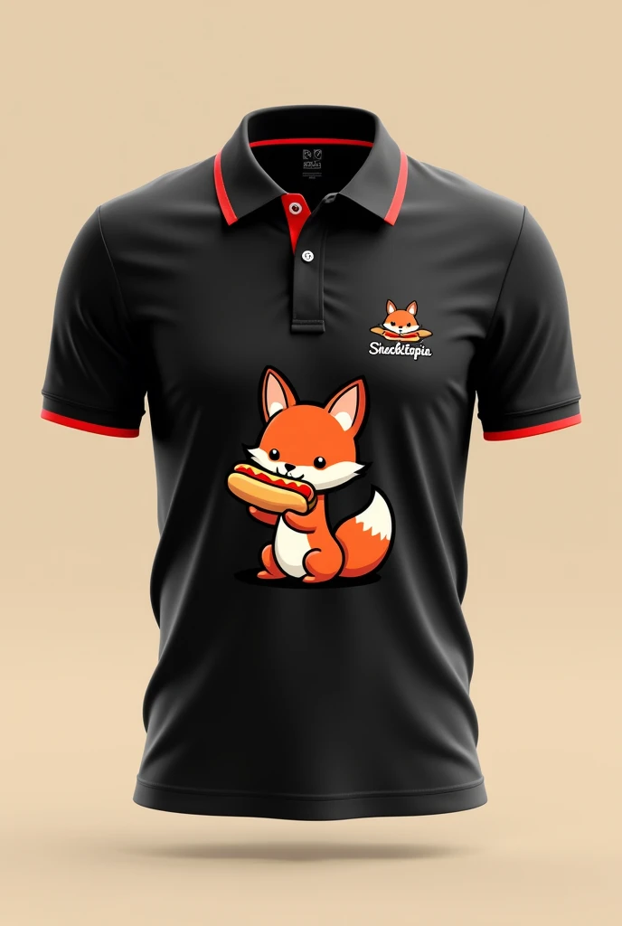 Black polo shirt with red lines and a small logo in the corner on the front of a cute fox eating a hot dog that says snacktopia