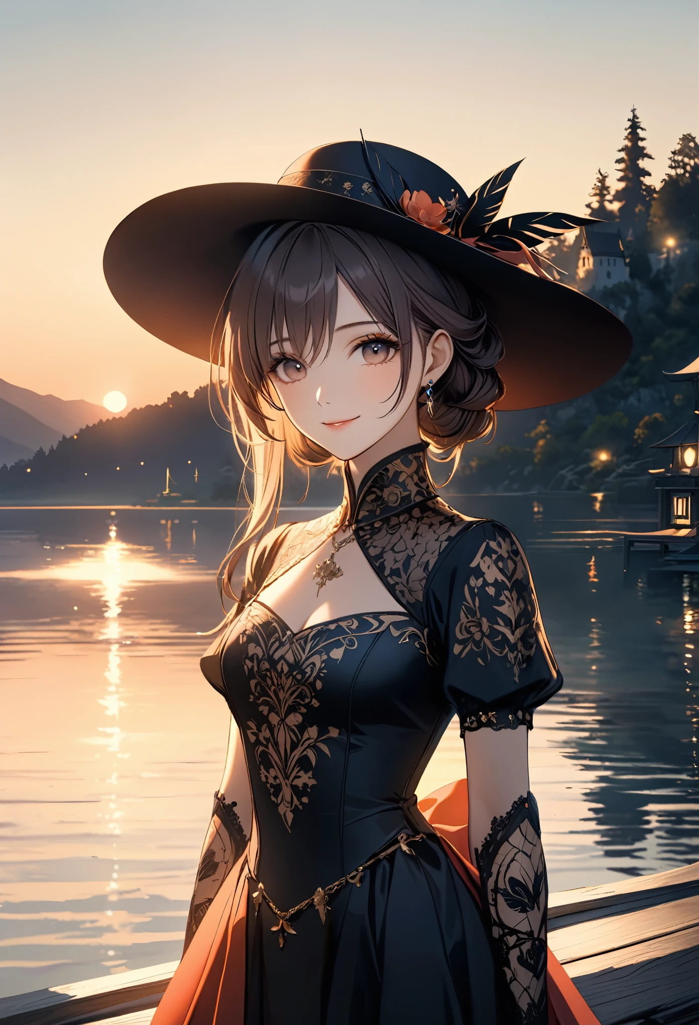 smile,hat,perfect anatomy,lakeside,sunset,cinematic lighting,(masterpiece,8k,Professional,perfect composition,very aesthetic,absurdres,ultra-detailed,intricate details:1.2),perfect proportion,hand