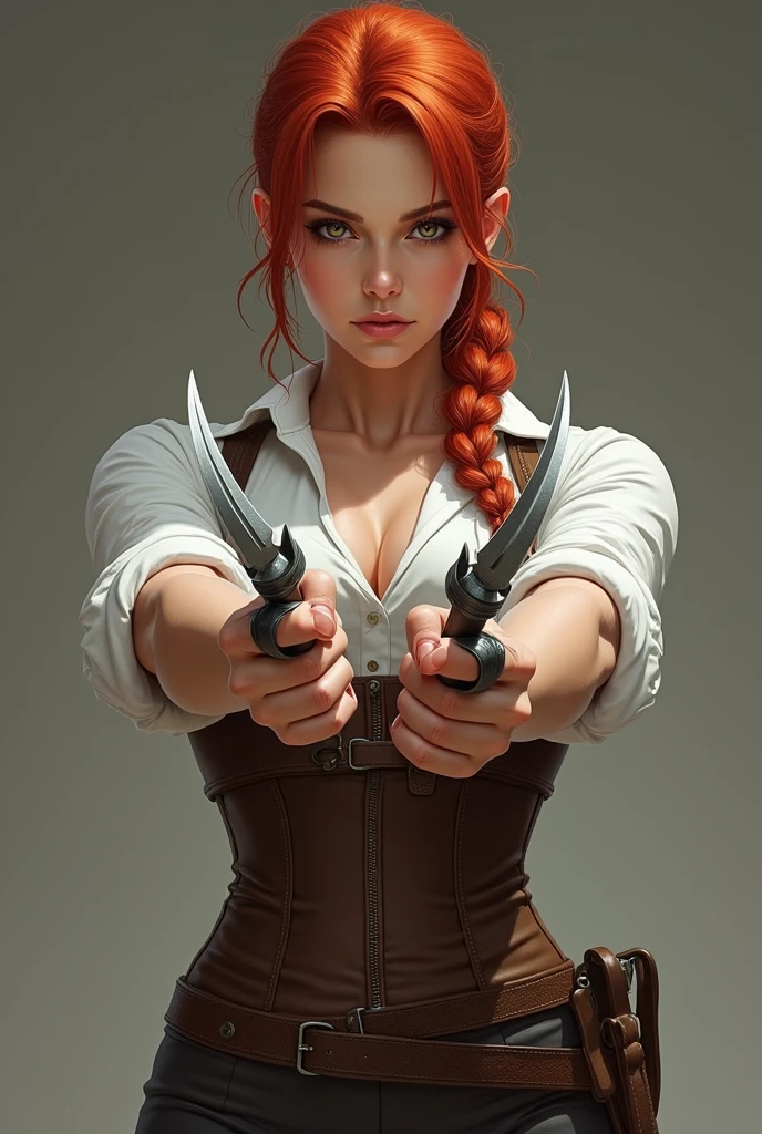 Create a beautiful redhead woman, that her hair is tied back in a single braid and that she is dressed in a white shirt, On top of that, put on a brown corset and some body pants., that he is holding two small daggers in his two hands and forms a cross protecting himself