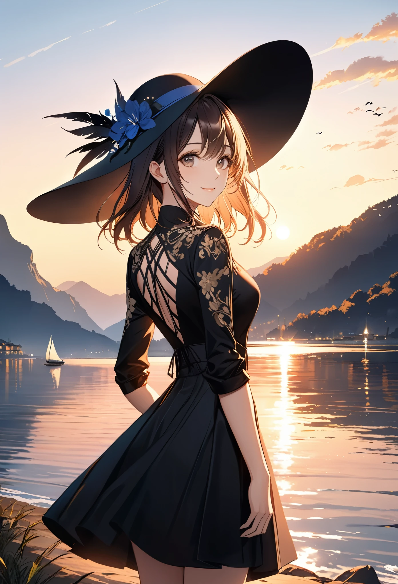 smile,hat,perfect anatomy,lakeside,sunset,cinematic lighting,(masterpiece,8k,Professional,perfect composition,very aesthetic,absurdres,ultra-detailed,intricate details:1.2),perfect proportion,hand