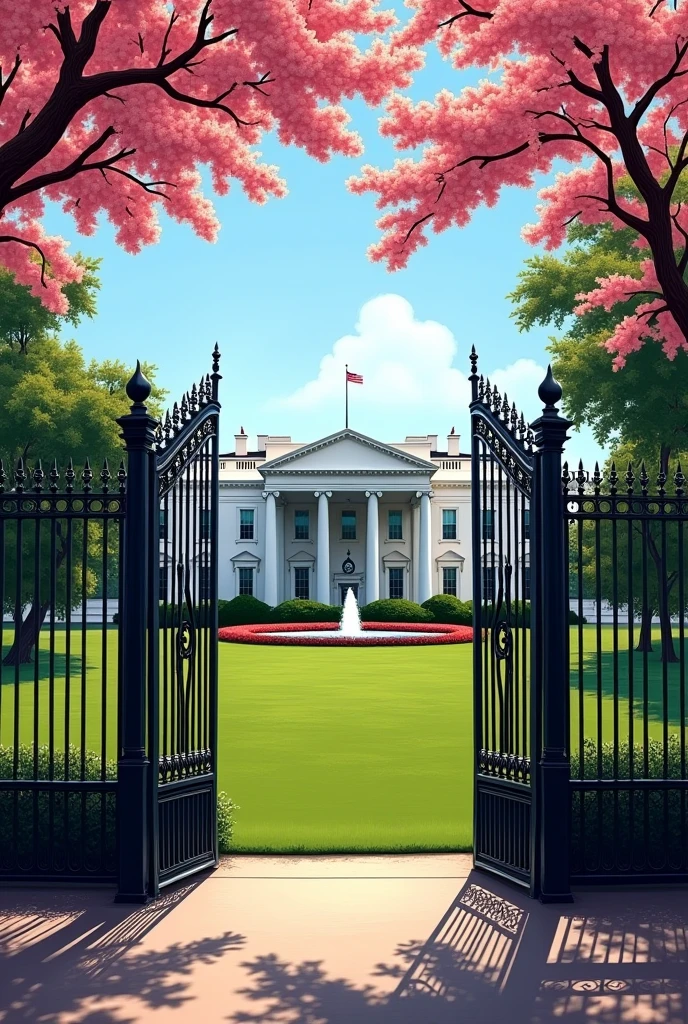 White house with black gate and two pink mango trees in front