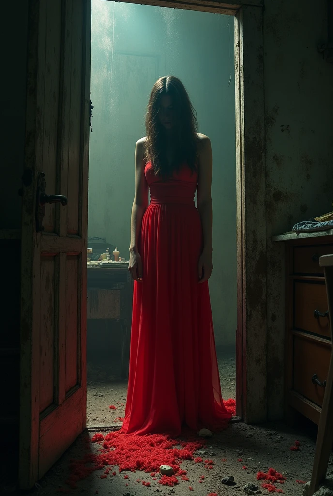 in red dress is buried in a dirty room, ugly and dark.