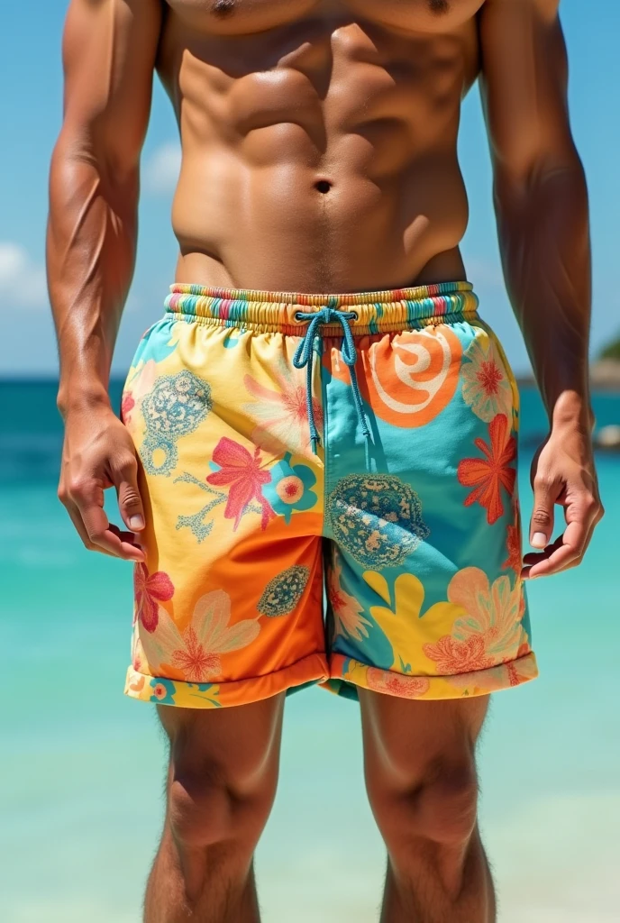 Man wearing colorful twill shorts
