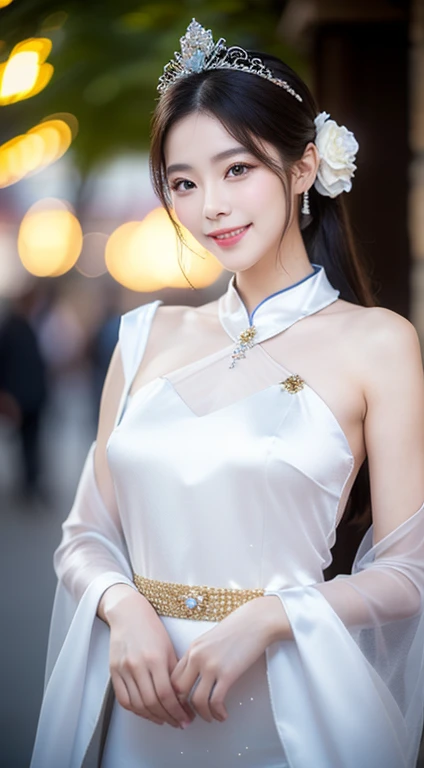 (one cute Chinese Princess, a majestic, wise & gorgeous future queen, super cute ponytail, (extravagant, sparkling, pretty princess costume:1.1), (luxurious giant tiara:1.1), (luxurious giant necklace:1.1), (white Princess costume:1.2), (beautiful silk chinese costume:1.1), (beautiful white gradation:1.1), the_cowboy_shot, camera focused on bosom, (best smile:1.2), huge breasts, beautiful detailed facial features, (high quality transparent sleeve with jewel embellishment:1.1), one smooth shoulder, shoulder straps, Natural pose, elegant & easy-going, kind dimpled smile, subtle snowflakes, spectacular cinema lighting, natural beauty, NO makeup, long eyelashes, beautiful eyes, (accurate anatomy:1.1), natural forehead, simple bokeh night background, low contrast, surrounded by soft light, hands on hips, SFW,)
