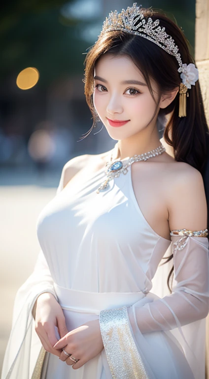 (one cute Chinese Princess, a majestic, wise & gorgeous future queen, super cute ponytail, (extravagant, sparkling, pretty princess costume:1.1), (luxurious giant tiara:1.1), (luxurious giant necklace:1.1), (white Princess costume:1.2), (beautiful silk chinese costume:1.1), (beautiful white gradation:1.1), the_cowboy_shot, camera focused on bosom, (best smile:1.2), huge breasts, beautiful detailed facial features, (high quality transparent sleeve with jewel embellishment:1.1), one smooth shoulder, shoulder straps, Natural pose, elegant & easy-going, kind dimpled smile, subtle snowflakes, spectacular cinema lighting, natural beauty, NO makeup, long eyelashes, beautiful eyes, (accurate anatomy:1.1), natural forehead, simple bokeh night background, low contrast, surrounded by soft light, hands on hips, SFW,)