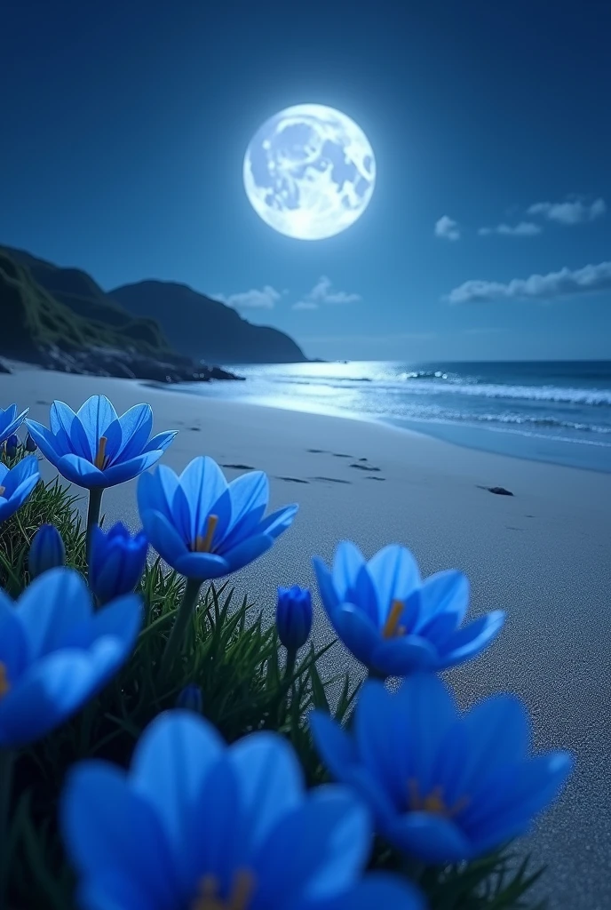 a full moon night on a beach with blue flowers