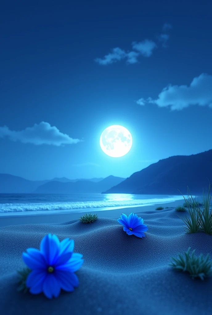 a full moon night on a beach with blue flowers