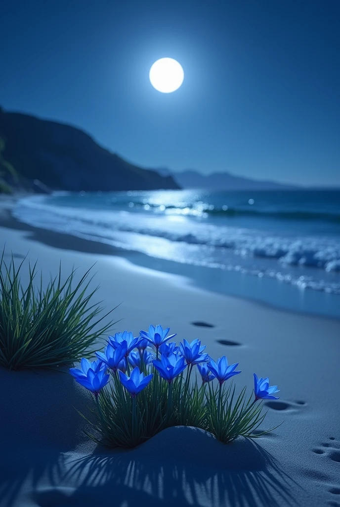 a full moon night on a beach with blue flowers