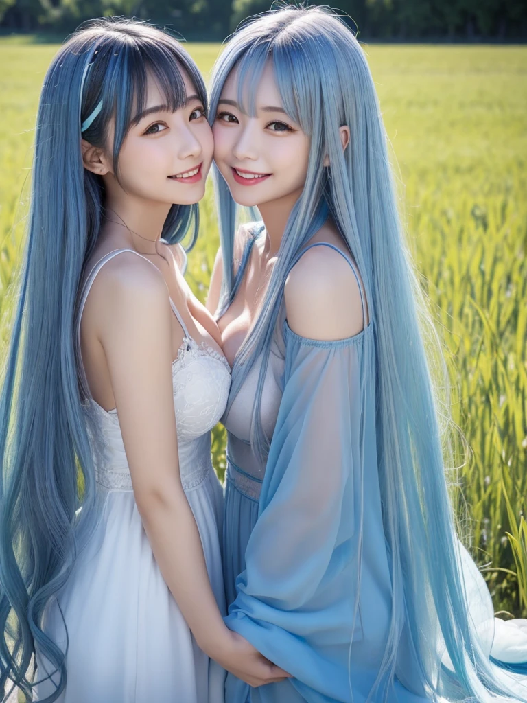 Two Sisters、Long Hair, Gray Hair, Small breasts、smile(Long tongue out)、Long Hair, Blue Hair/Light blue hair, Large Breasts, Closed eyes, Close your mouth, field、Transparency、Gazing at each other、Gazing at each other