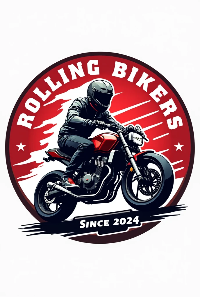 Logo circular, the background with red and white colors in the shape of a flag, In the center a sports biker and at the top say ROLLING BIKER and at the bottom say since 2024