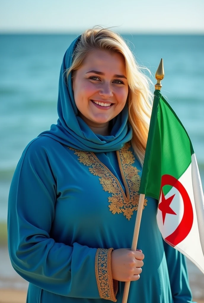 Close up, blonde, plump woman, wearing a blue, gold embroidered abaya, holding the white and green Algerian flag, looking directly at the camera, she is standing on the blue seashore