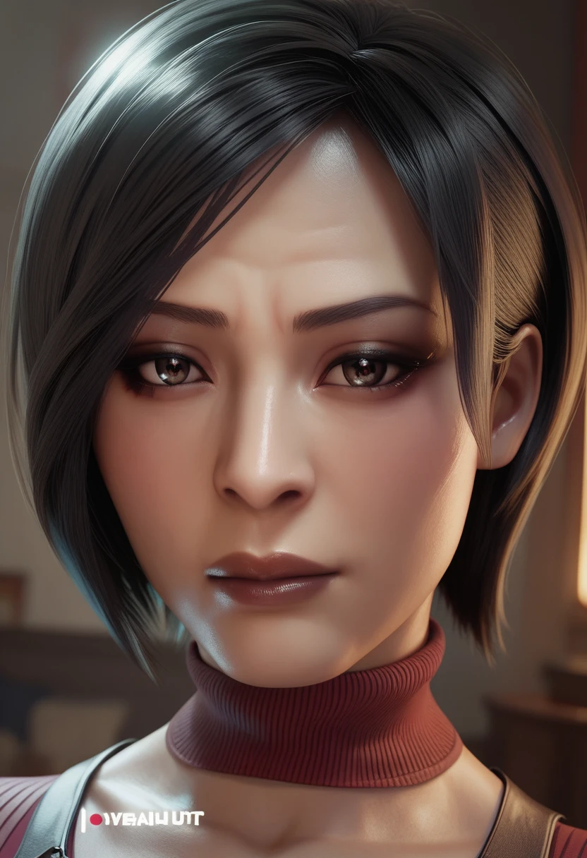 Ada Wong, RE4, asian facial features, almond-shaped eyes, bob cut hair, Black, straight hair, Fit thighs, medium-large breasts, a slim waist and shaped thighs, fair skin