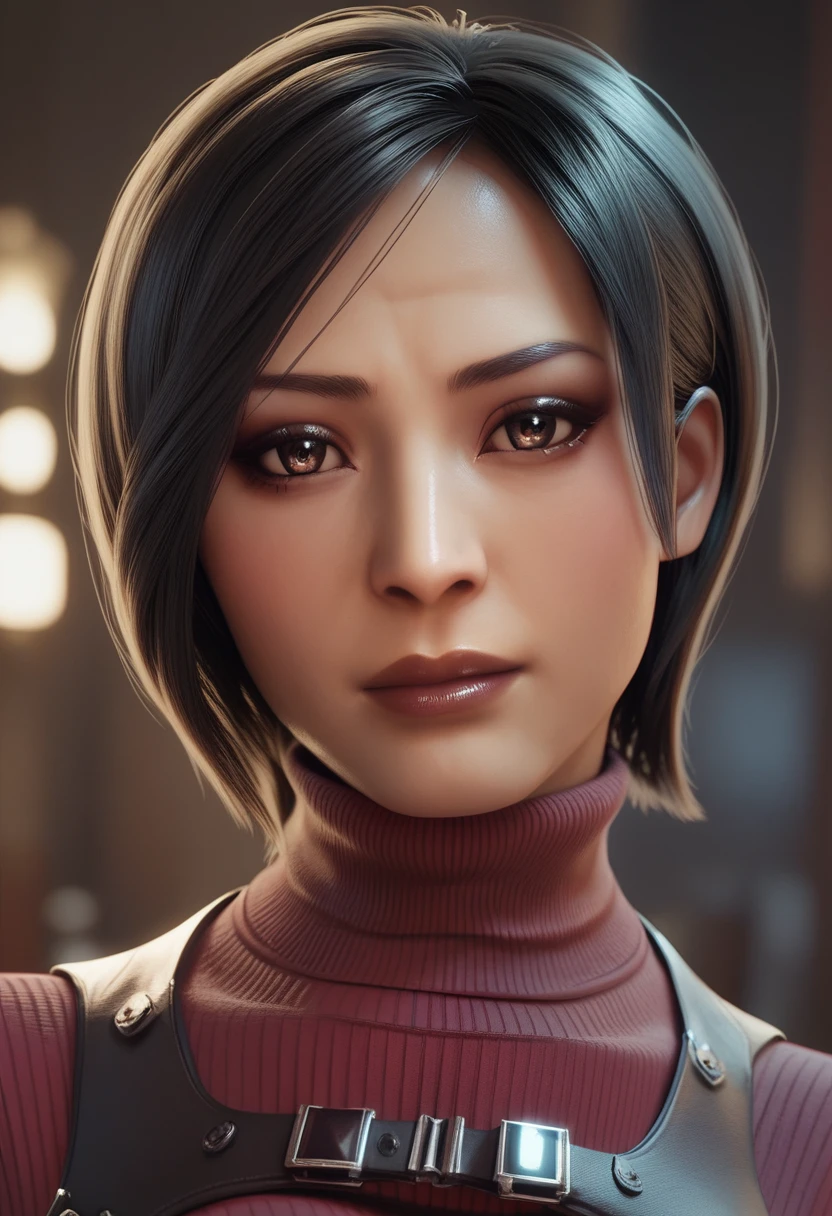 Ada Wong, RE4, asian facial features, almond-shaped eyes, bob cut hair, Black, straight hair, Fit thighs, medium-large breasts, a slim waist and shaped thighs, fair skin