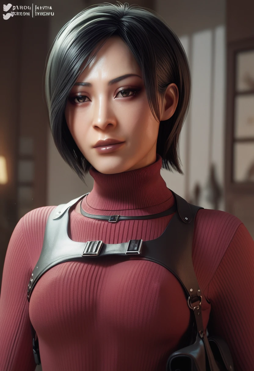 Ada Wong, RE4, asian facial features, almond-shaped eyes, bob cut hair, Black, straight hair, Fit thighs, medium-large breasts, a slim waist and shaped thighs, fair skin