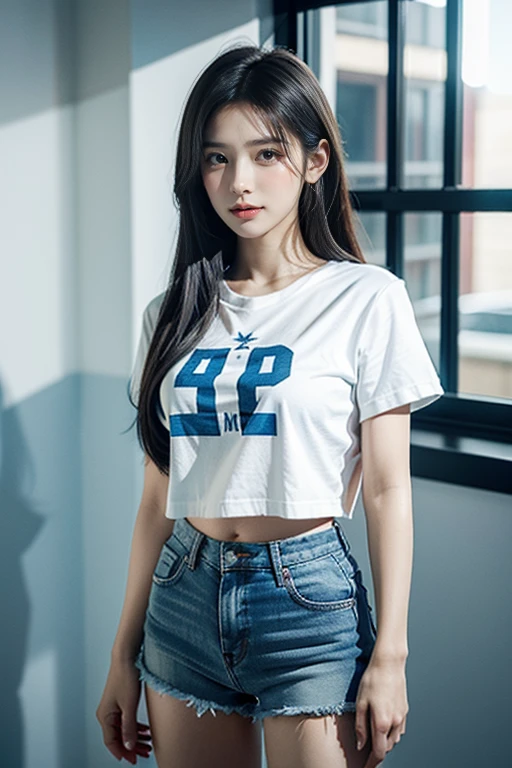 
สาวเกาหลีสุดสวยwatchเหมือนภาพวาด 4 มิติ,(watch), I parted ways directly., My hair is great., Ideal , Blue cropped t-shirt with printed message., shorts, stand (window background), bright colors, studio lights, gentle fire, The light is dim., 3D animation looking at the audience, 