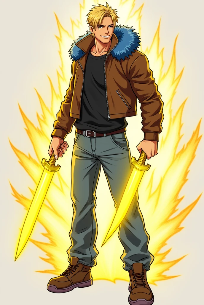 short hair, blond hair, Love, necessary, The best quality, anime, masculine, adult, attractive, handsome, straight hair, smile, presumed, simple background, Brown cropped leather jacket with blue polar fur on the hood, baggy jeans, brown sneakers, Yellow energy knife in one of his hands, yellow energy particles around one of his hands, anatomically correct, anime