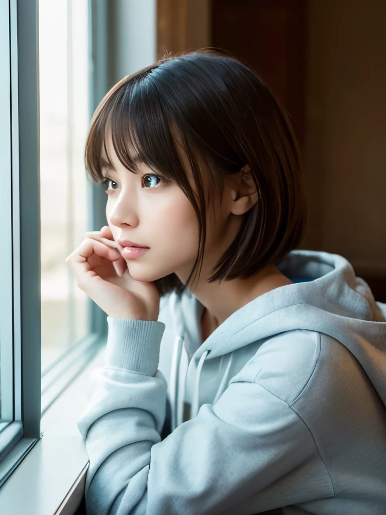 A highly detailed and realistic portrait of a young woman with short, smooth, dark brown hair styled in a bob with light bangs. She has a delicate and symmetrical face with large, expressive eyes that convey a soft, introspective gaze. The woman is wearing a light blue hoodie, which adds a casual and comfortable touch to her appearance. The setting appears to be indoors, with soft, natural lighting coming through a window, creating a calm and serene atmosphere. The light gently illuminates her face, highlighting the smooth texture of her skin and the soft fabric of the hoodie. The background is slightly blurred, keeping the focus on the woman’s thoughtful expression and her relaxed pose. The overall mood of the image is tranquil and introspective, capturing a moment of quiet reflection.