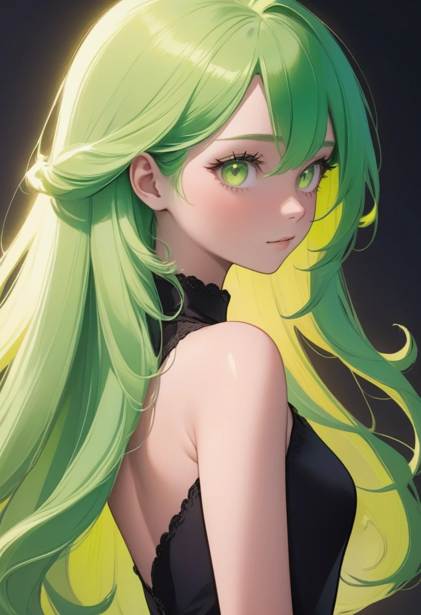 A young 1 woman, with long green hair to her shoulders and light green eyes glowing, which shine adding a special touch to her appearance. Her fair skin is soft and well-groomed, giving an interesting contrast to the darker shade of her eyes. She is quite slim, with a very curvy and attractive silhouette, which is evident in her tight black dress and her white blouse edged from behind, showing her thin back. His appearance is charming and innocent