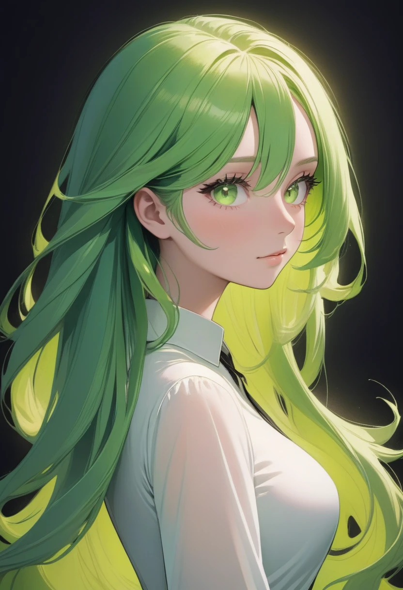 A young 1 woman, with long green hair to her shoulders and light green eyes glowing, which shine adding a special touch to her appearance. Her fair skin is soft and well-groomed, giving an interesting contrast to the darker shade of her eyes. She is quite slim, with a very curvy and attractive silhouette, which is evident in her tight black dress and her white blouse edged from behind, showing her thin back. His appearance is charming and innocent