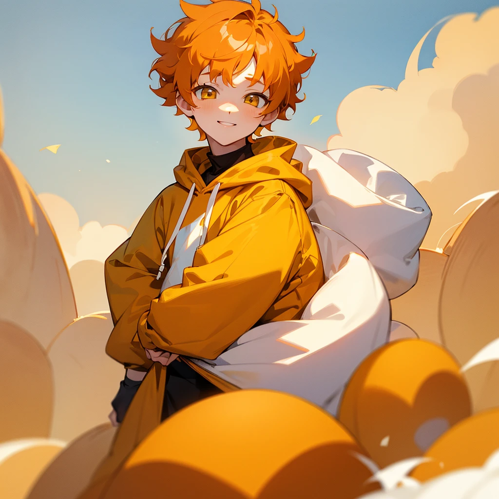 1boy, white skin, yellow eyes, orange hair, ginger hair, cute, pastel yellow oversized hoodie, boy, short curly hair, cute, half body, short boy, bangs, innocent, feminine face, fluffy vurly hair, big cheeks
Alta resolução, smile,
