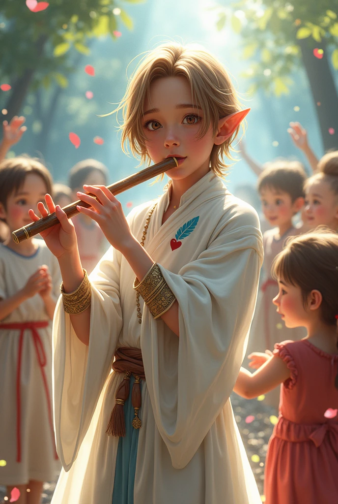a young half-elf man with delicate, feminine features and shoulder-length light brown hair wearing white medieval clothing with a symbol of a light blue feather over a red heart drawn on the clothing at chest height, playing flute for kids partying anime style