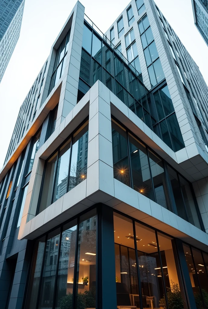 Exterior view of a building with a modern design from a very close-up