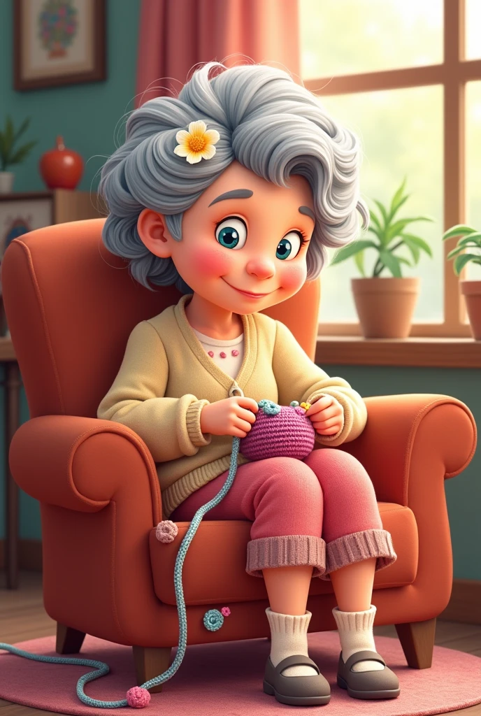 Grandma in cartoon form sitting in the armchair doing crochet and crochet lines on her leg and with a flower in her hair