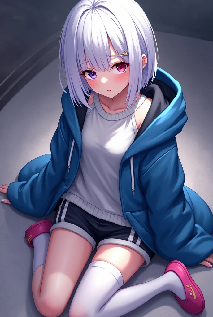 anime girl with white hair; with a red and purple eye; with cold personality; with a blue hooded jacket, blossomed; a white sweater underneath; black shorts with a white stripe on the sides; pink slippers; and white stockings that cover part of her legs, visible between his shorts and slippers.