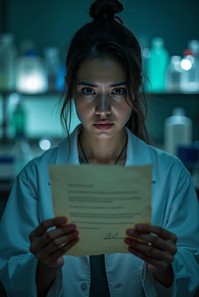 Generates a scientific, that is A little realistic, In a clue type letter, Let the background be Mysterious in a laboratory,That the scientist is as worried, that focuses on just her, Let it be pretty and let the face be seen and be straight, more mysterious and dark