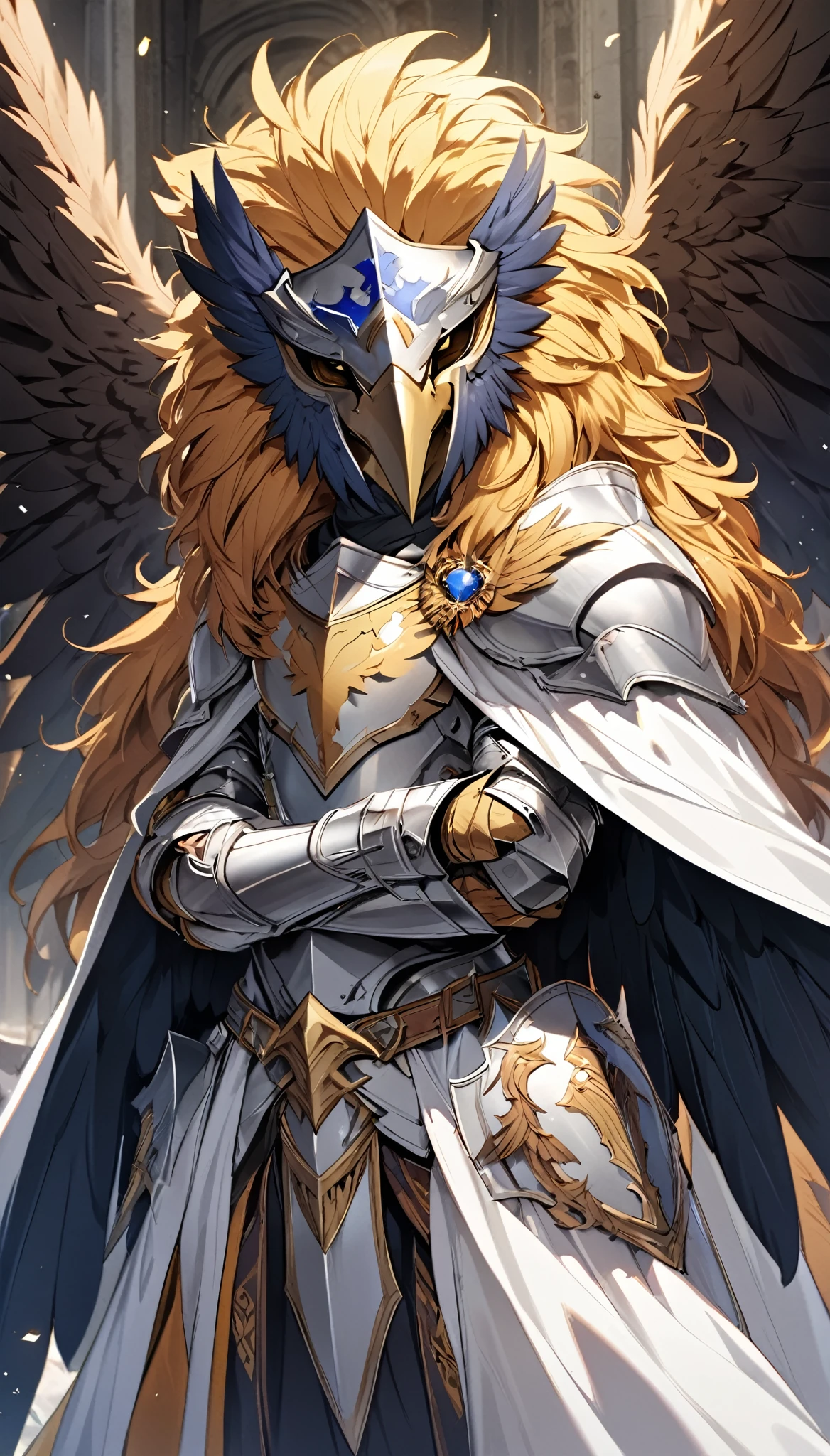 Fantastic mythical fantasy, Holy Knight, Eagle-head helmet, Lion mane decoration, A cloak woven from lion fur, Eagle wings growing from his body, An absurd mistake, Griffon&#39;s Protection, BREAK Create a character that is an aesthetic fusion with Griffin, Granting Divine Charm, Transparency that maintains originality, Dynamic combat motions, 