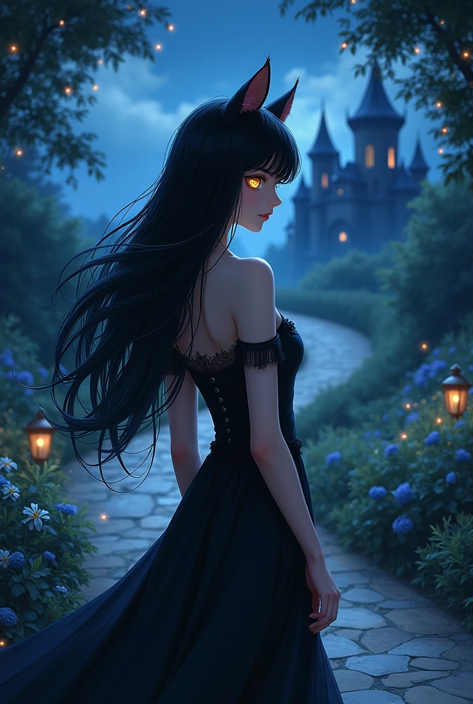 An anime girl who looks with cat ears, very long, straight black hair with bangs similar to Inuyasha's, and golden eyes. Wearing a shiny black dress., standing with back to the viewer, You can see in the background a large path of rocks and flowers between the, and you can also see the stars, and a dark castle in the distance with some lights in the windows,