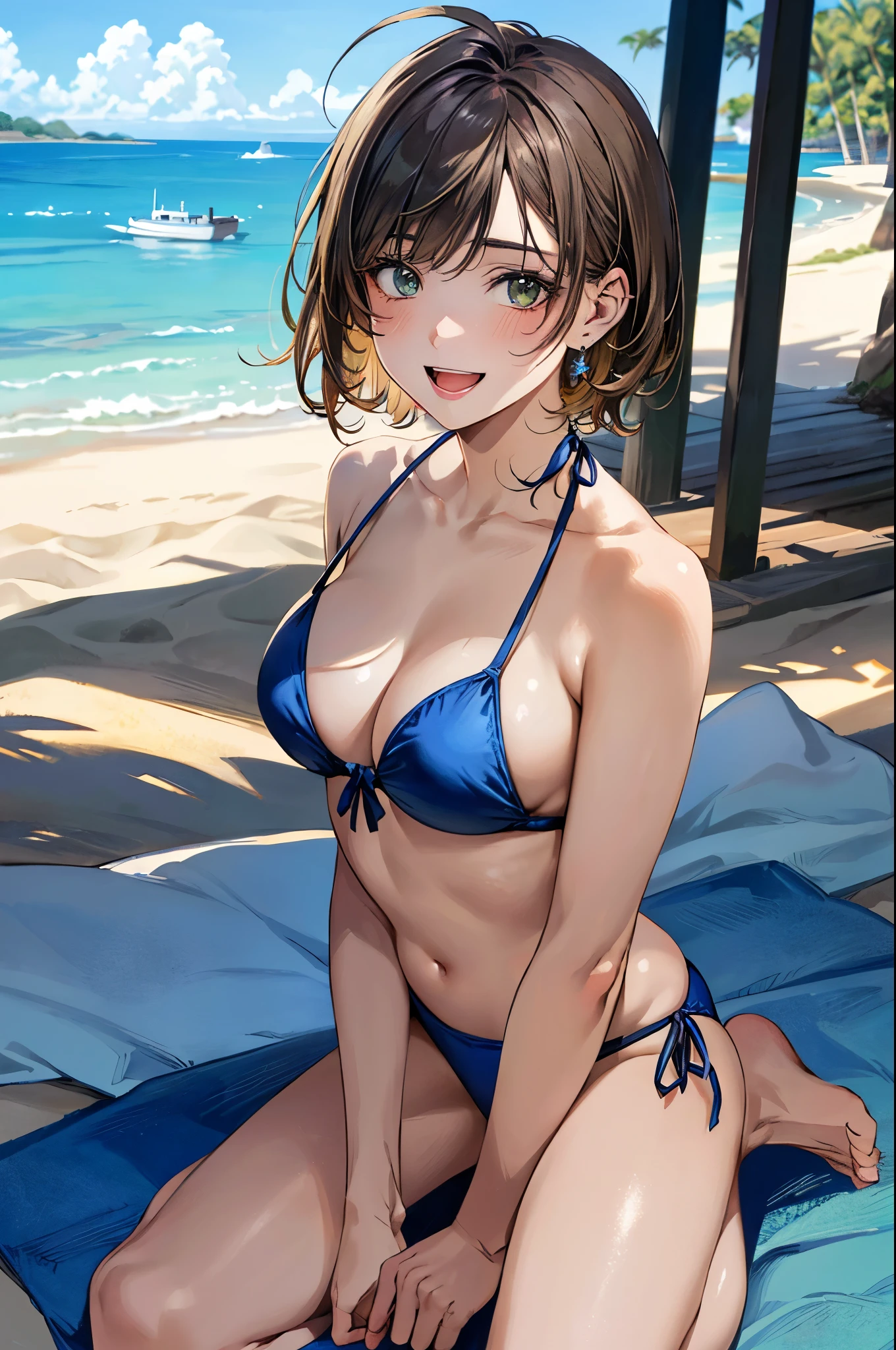 (masterpiece:1.3, top-quality, ultra high res, ultra detailed), (realistic, photorealistic:1.4), beautiful illustration, perfect lighting, natural lighting, colorful, depth of fields, surrealism,
beautiful detailed hair, beautiful detailed face, beautiful detailed eyes, beautiful clavicle, beautiful body, beautiful chest, beautiful thigh, beautiful legs, beautiful fingers, shiny skin, babyface,
looking at viewer, selfie, 1 girl, high school girl, (perfect anatomy, anatomically correct, super detailed skin), cute and symmetrical face, perfect face, perfect eyes,
(short hair, lob hair, blonde hair), asymmetrical bangs, ahoge, blue-green eyes, big eyes, long eyelashes, (large breasts:1.2, seductive thighs), slender, outstanding style,
(detailed cloth texture, break marine blue bikini),
(beautiful scenery), evening, (tropical beaches), (wariza), (lovely smile, open mouth small),