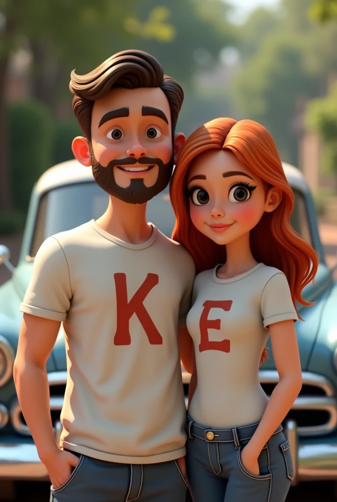 Create a man with a beard and mustache and a T-shirt with the initial K , and a redhead woman wearing an initial E t-shirt , outside a gray disney-type car