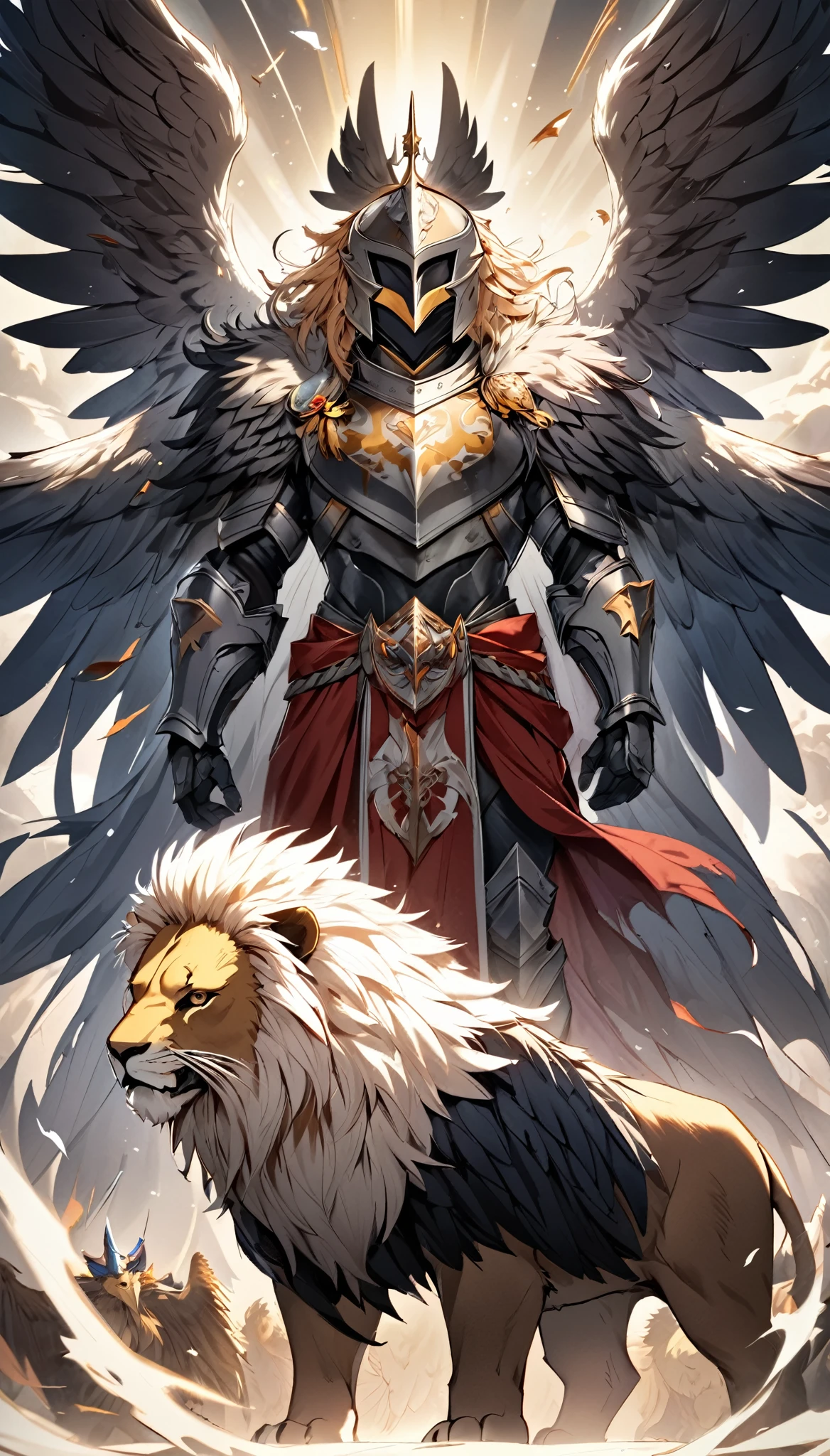 Fantastic mythical fantasy, Holy Knight, Eagle-head helmet, Lion mane decoration, A cloak woven from lion fur, Eagle wings growing from his body, An absurd mistake, Griffon&#39;s Protection, BREAK Create a character that is an aesthetic fusion with Griffin, Granting Divine Charm, Transparency that maintains originality, Dynamic combat motions, Warriors Established in Religious Artistic Society, A colorful aura, BRAKE: Creating new art with a griffin theme, The concept is the bravery of a lion and the flight of an eagle, Breathtakingly beautiful, An unprecedented performance of warrior elephants, The texture of every material、Faithful and delicate expression, 