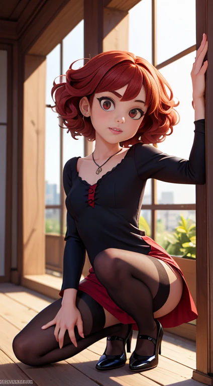 (Valencia:1 Girl), A Masterpiece, Best quality, Raw Photo, lifelike, FACE, Incredibly ridiculous, beautiful  vampire girl, very curly red hair,  gothic minidress,  pantyhose crotch,  shoes, sun shiny day 