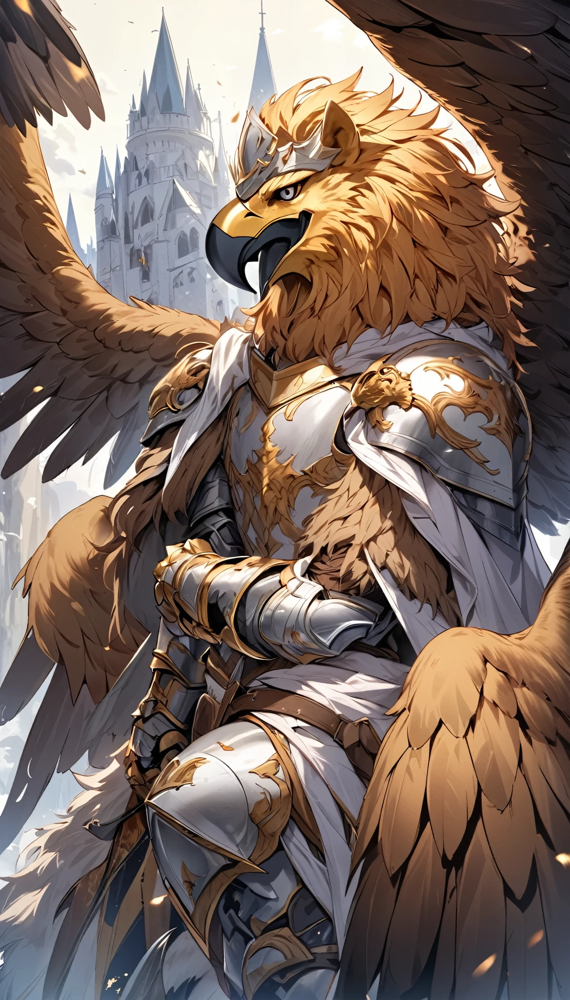 Fantastic mythical fantasy, Holy Knight, Eagle-head helmet, Lion mane decoration, A cloak woven from lion fur, Eagle wings growing from his body, An absurd mistake, Griffon&#39;s Protection, BREAK Create a character that is an aesthetic fusion with Griffin, Granting Divine Charm, Transparency that maintains originality, Dynamic combat motions, Warriors Established in Religious Artistic Society, A colorful aura, BRAKE: Creating new art with a griffin theme, The concept is the bravery of a lion and the flight of an eagle, Breathtakingly beautiful, An unprecedented performance of warrior elephants, The texture of every material、Faithful and delicate expression, BRAKE Pay attention to the details, Anatomically correct balancing, Metallic Reflection and Shine, Photo quality high resolution, A very dark background that highlights the subject, Battle stance with sacred weapon, Holographic lens flare for aesthetic effect, 